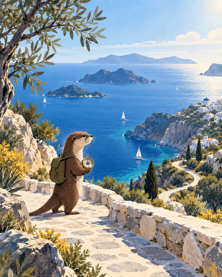 An illustrated otter with a compass looking out over a blue coastal landscape.